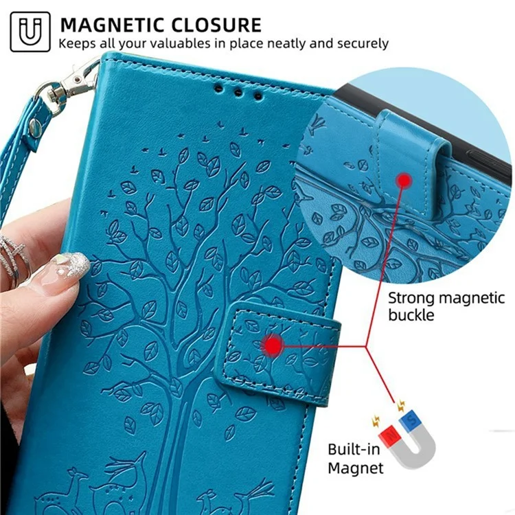 For Oppo Reno13 F 5G / 4G Case PU Leather Wallet Phone Cover Tree Deer Imprinted - Blue-Cellmalls