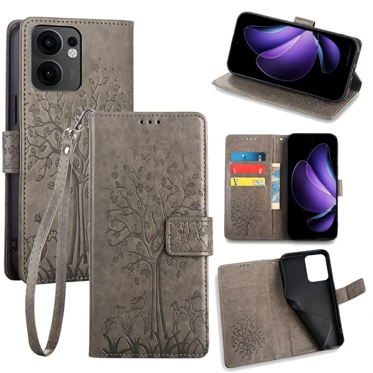 For Oppo Reno13 F 5G / 4G Case PU Leather Wallet Phone Cover Tree Deer Imprinted - Blue-Cellmalls