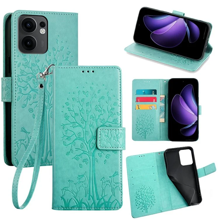 For Oppo Reno13 F 5G / 4G Case PU Leather Wallet Phone Cover Tree Deer Imprinted - Blue-Cellmalls