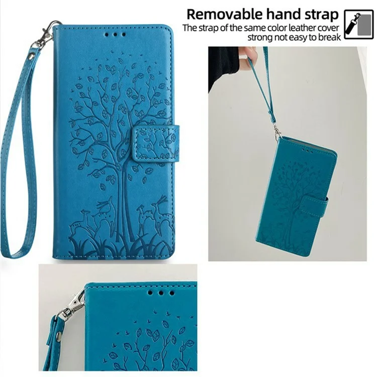 For Oppo Reno13 F 5G / 4G Case PU Leather Wallet Phone Cover Tree Deer Imprinted - Blue-Cellmalls