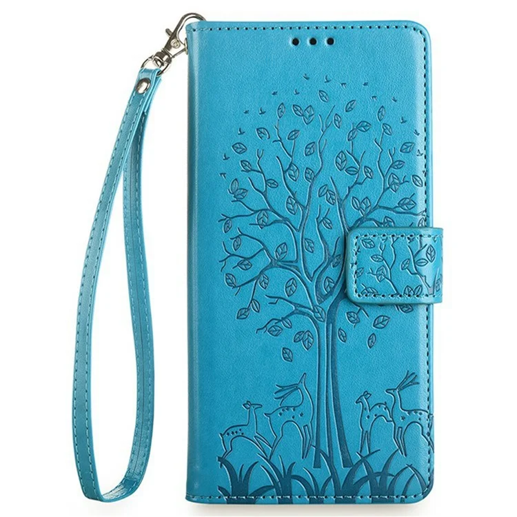 For Oppo Reno13 F 5G / 4G Case PU Leather Wallet Phone Cover Tree Deer Imprinted - Blue-Cellmalls