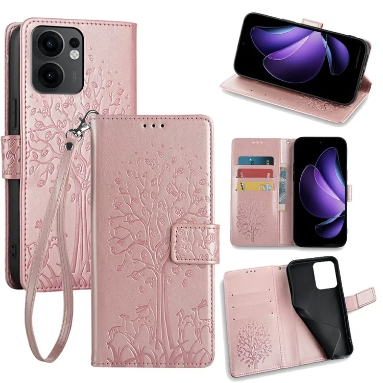 For Oppo Reno13 F 5G / 4G Case PU Leather Wallet Phone Cover Tree Deer Imprinted - Blue-Cellmalls