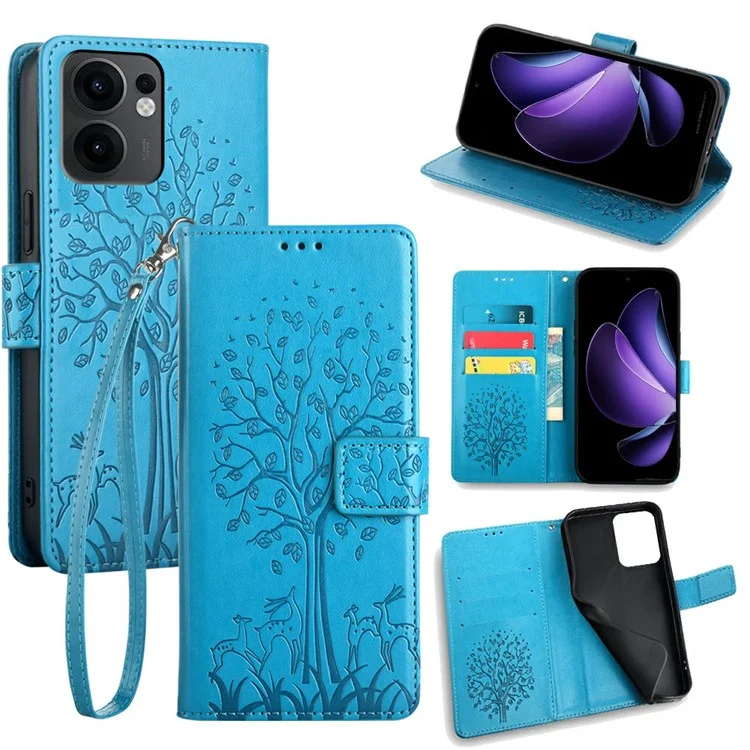 For Oppo Reno13 F 5G / 4G Case PU Leather Wallet Phone Cover Tree Deer Imprinted - Blue-Cellmalls
