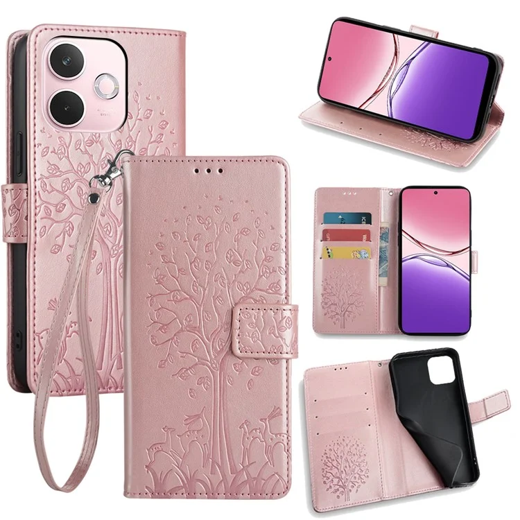 For Oppo A5 Pro 4G (Global) / 5G (Global) / A5 Energy 5G (China) Case PU Leather Wallet Phone Cover Tree Deer Imprinted - Pink-Cellmalls
