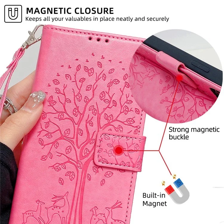 For Oppo A5 Pro 4G (Global) / 5G (Global) / A5 Energy 5G (China) Case PU Leather Wallet Phone Cover Tree Deer Imprinted - Pink-Cellmalls