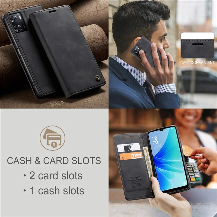 CASEME 013 Series Leather Case for Oppo A57 4G / A57s 4G / A57e 4G / A77 4G / A77s 4G / OnePlus Nord N20 SE 4G Wallet Stand Phone Cover - Black-Cellmalls