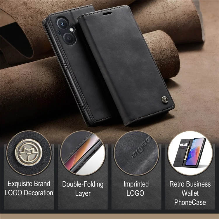 CASEME 013 Series for Oppo A96 5G / Reno7 Z 5G (Global Version)//Reno7 Lite 5G (Global Version) / Reno8 Lite 5G (Global Version) / F21 Pro 5G (Global Version) / Reno8 Z 5G (Global Version) Leather Wallet Phone Stand Case - Black-Cellmalls