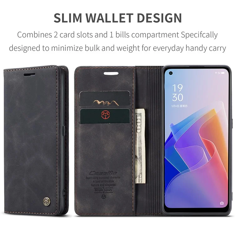 CASEME 013 Series for Oppo A96 5G / Reno7 Z 5G (Global Version)//Reno7 Lite 5G (Global Version) / Reno8 Lite 5G (Global Version) / F21 Pro 5G (Global Version) / Reno8 Z 5G (Global Version) Leather Wallet Phone Stand Case - Black-Cellmalls