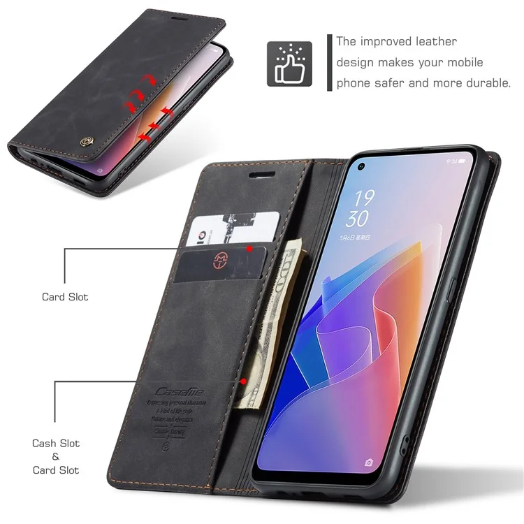 CASEME 013 Series for Oppo A96 5G / Reno7 Z 5G (Global Version)//Reno7 Lite 5G (Global Version) / Reno8 Lite 5G (Global Version) / F21 Pro 5G (Global Version) / Reno8 Z 5G (Global Version) Leather Wallet Phone Stand Case - Black-Cellmalls
