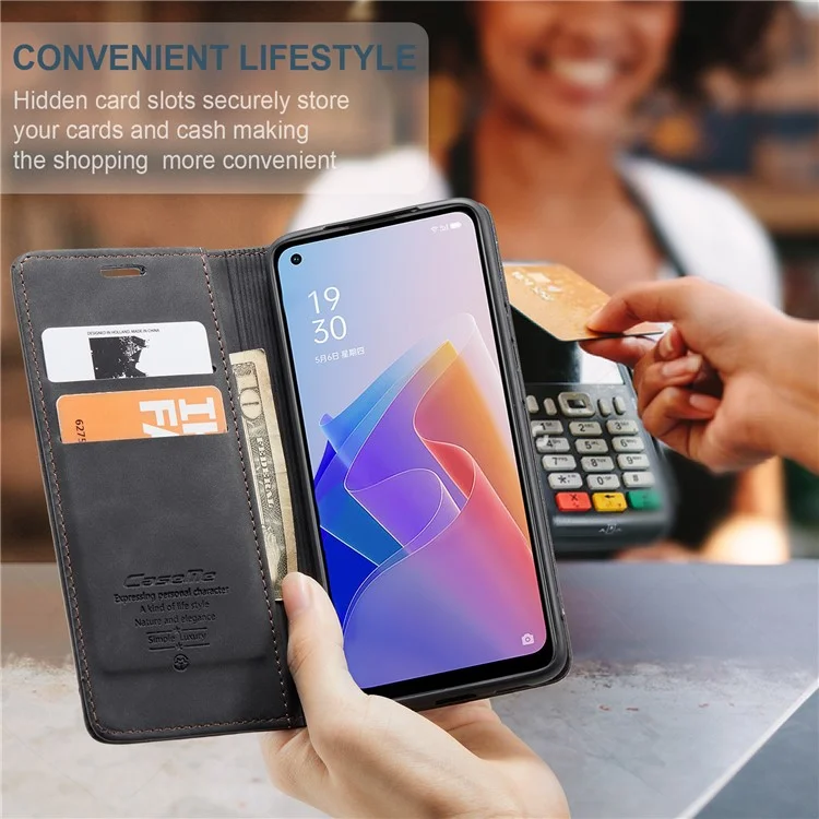 CASEME 013 Series for Oppo A96 5G / Reno7 Z 5G (Global Version)//Reno7 Lite 5G (Global Version) / Reno8 Lite 5G (Global Version) / F21 Pro 5G (Global Version) / Reno8 Z 5G (Global Version) Leather Wallet Phone Stand Case - Black-Cellmalls