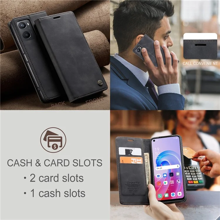 CASEME 013 Series For Oppo A96 4G / A36 / K10 4G / A76 / Realme 9i 4G Case Leather Phone Cover Magnetic Absorption - Black-Cellmalls