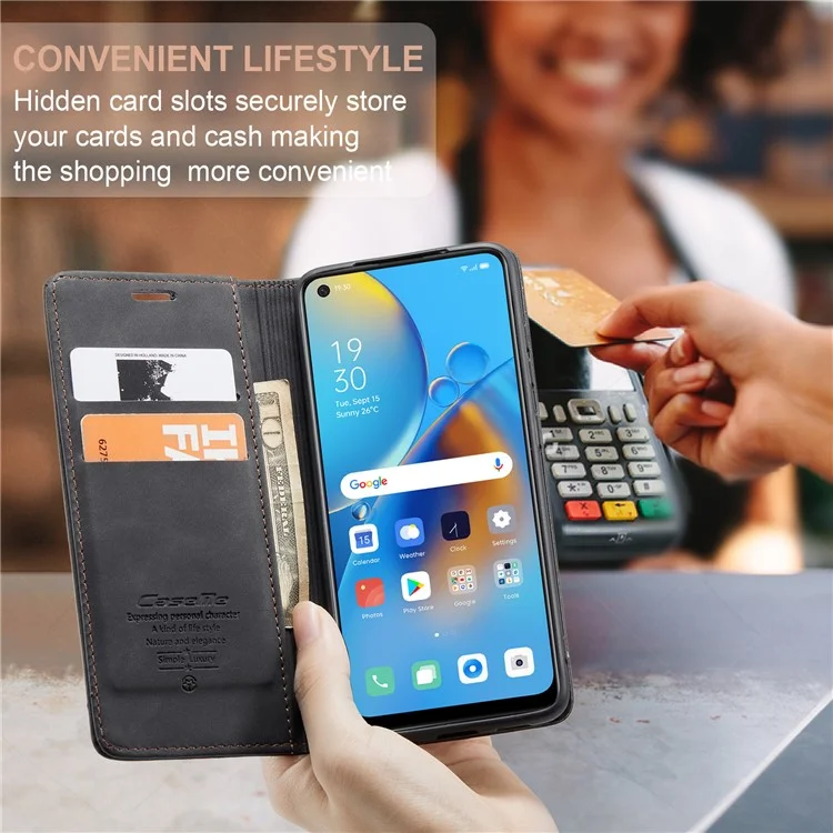 CASEME 013 Series for Oppo F19 / F19s / A74 4G / A95 4G / Reno6 Lite (Global Version) Magnetic Auto-absorbed PU Leather Wallet Case with Stand Function - Black-Cellmalls