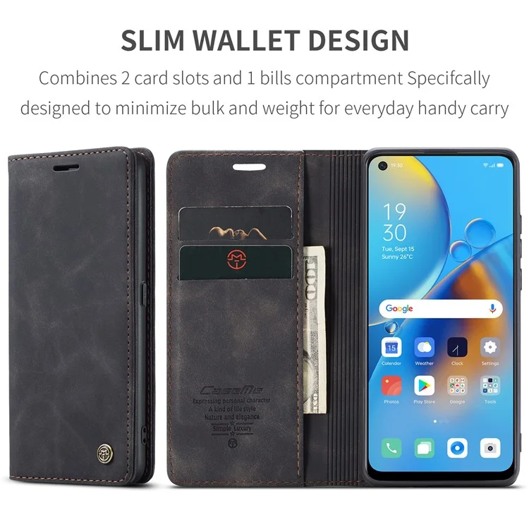 CASEME 013 Series for Oppo F19 / F19s / A74 4G / A95 4G / Reno6 Lite (Global Version) Magnetic Auto-absorbed PU Leather Wallet Case with Stand Function - Black-Cellmalls