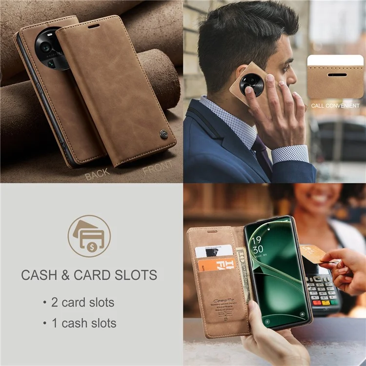 CASEME 013 Series For Oppo Find X6 Pro PU Leather Wallet Phone Case Shockproof Flip Stand Phone Shell - Brown-Cellmalls