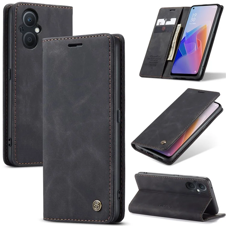 CASEME 013 Series for Oppo A96 5G / Reno7 Z 5G (Global Version)//Reno7 Lite 5G (Global Version) / Reno8 Lite 5G (Global Version) / F21 Pro 5G (Global Version) / Reno8 Z 5G (Global Version) Leather Wallet Phone Stand Case - Black-Cellmalls