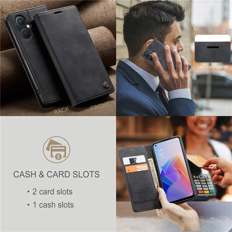CASEME 013 Series for Oppo A96 5G / Reno7 Z 5G (Global Version)//Reno7 Lite 5G (Global Version) / Reno8 Lite 5G (Global Version) / F21 Pro 5G (Global Version) / Reno8 Z 5G (Global Version) Leather Wallet Phone Stand Case - Black-Cellmalls