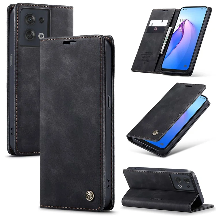 CASEME 013 Series for Oppo Reno8 5G (Global Version) PU Leather Drop-proof Wallet Case Magnetic Auto-absorbed Phone Stand Case - Black-Cellmalls