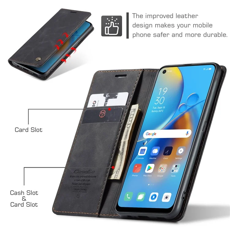 CASEME 013 Series for Oppo F19 / F19s / A74 4G / A95 4G / Reno6 Lite (Global Version) Magnetic Auto-absorbed PU Leather Wallet Case with Stand Function - Black-Cellmalls