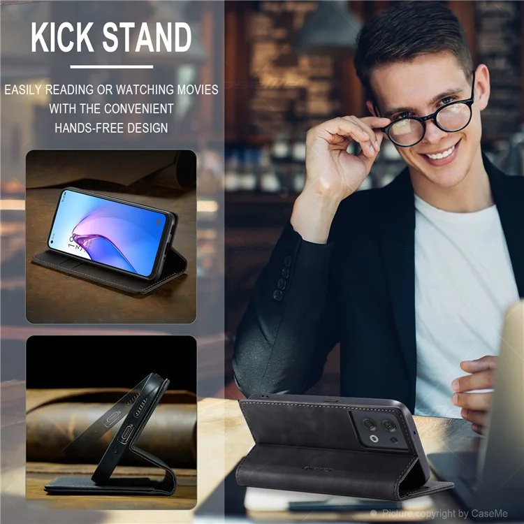 CASEME 013 Series for Oppo Reno8 5G (Global Version) PU Leather Drop-proof Wallet Case Magnetic Auto-absorbed Phone Stand Case - Black-Cellmalls