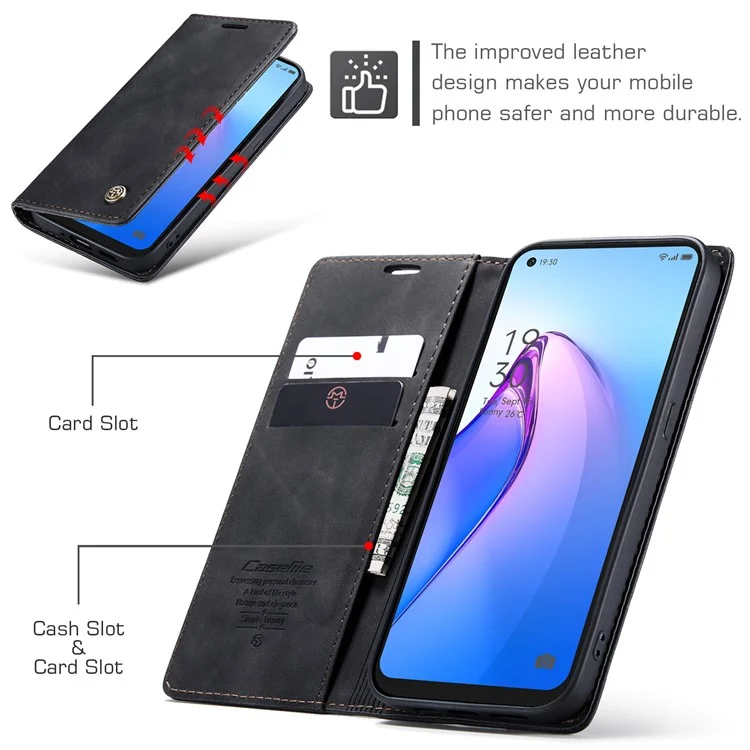 CASEME 013 Series for Oppo Reno8 5G (Global Version) PU Leather Drop-proof Wallet Case Magnetic Auto-absorbed Phone Stand Case - Black-Cellmalls