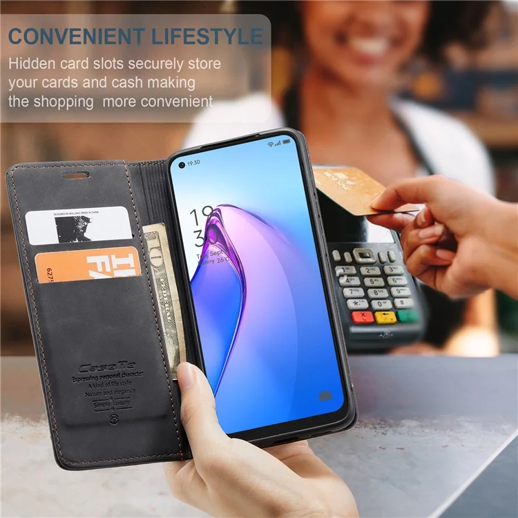 CASEME 013 Series for Oppo Reno8 5G (Global Version) PU Leather Drop-proof Wallet Case Magnetic Auto-absorbed Phone Stand Case - Black-Cellmalls