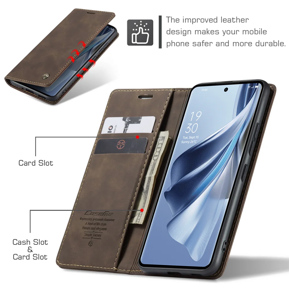For Oppo Reno12 5G (Global) Case CASEME 013 Series Card Holder Stand Leather Phone Cover - Coffee-Cellmalls