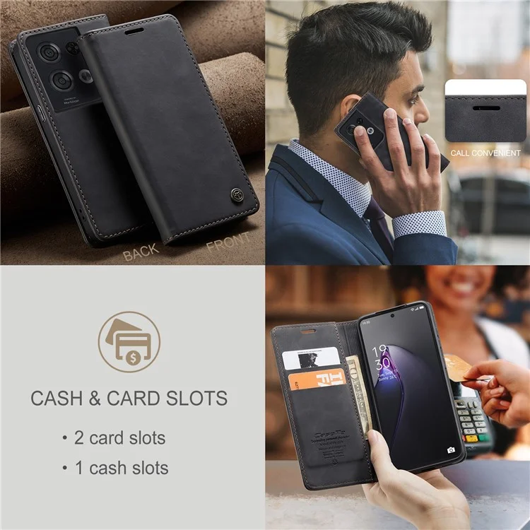 CASEME 013 Series for Oppo Reno8 Pro 5G (Global Version) PU Leather Drop-proof Case Magnetic Auto-absorbed Flip Stand Wallet Case - Black-Cellmalls