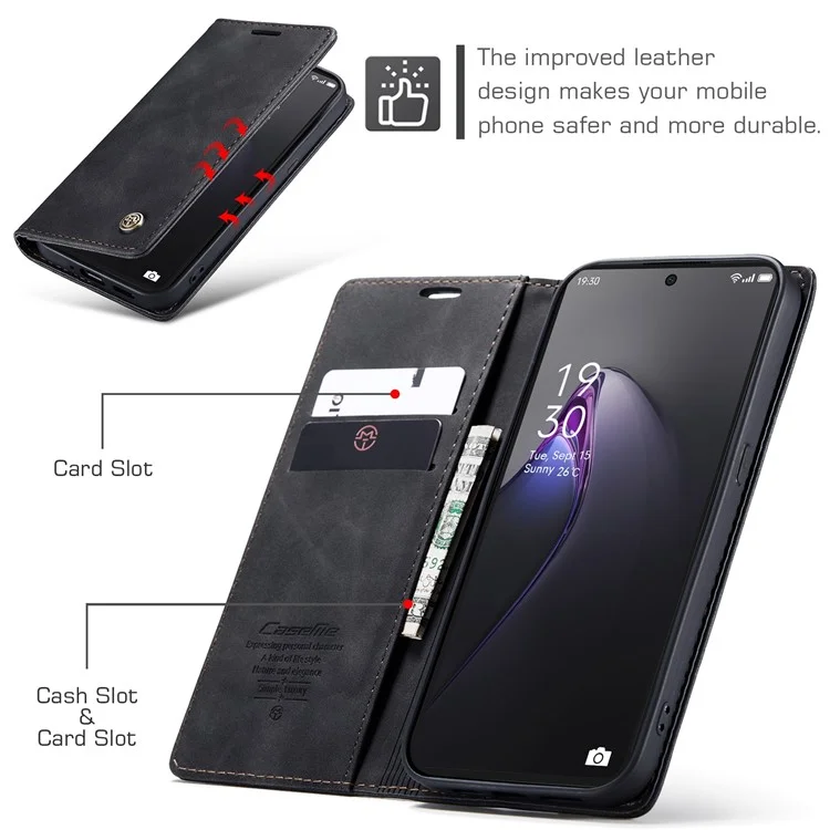 CASEME 013 Series for Oppo Reno8 Pro 5G (Global Version) PU Leather Drop-proof Case Magnetic Auto-absorbed Flip Stand Wallet Case - Black-Cellmalls