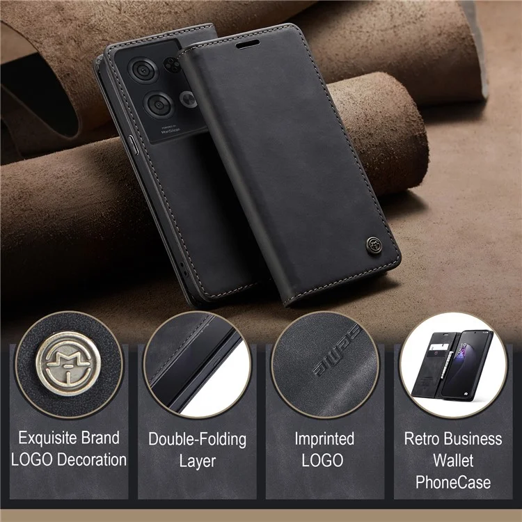 CASEME 013 Series for Oppo Reno8 Pro 5G (Global Version) PU Leather Drop-proof Case Magnetic Auto-absorbed Flip Stand Wallet Case - Black-Cellmalls
