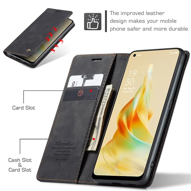 CASEME 013 Series For Oppo Reno8 T 4G Anti-Scratch Phone Cover Wallet PU Leather Coated TPU Shell Stand Flip Case - Black-Cellmalls