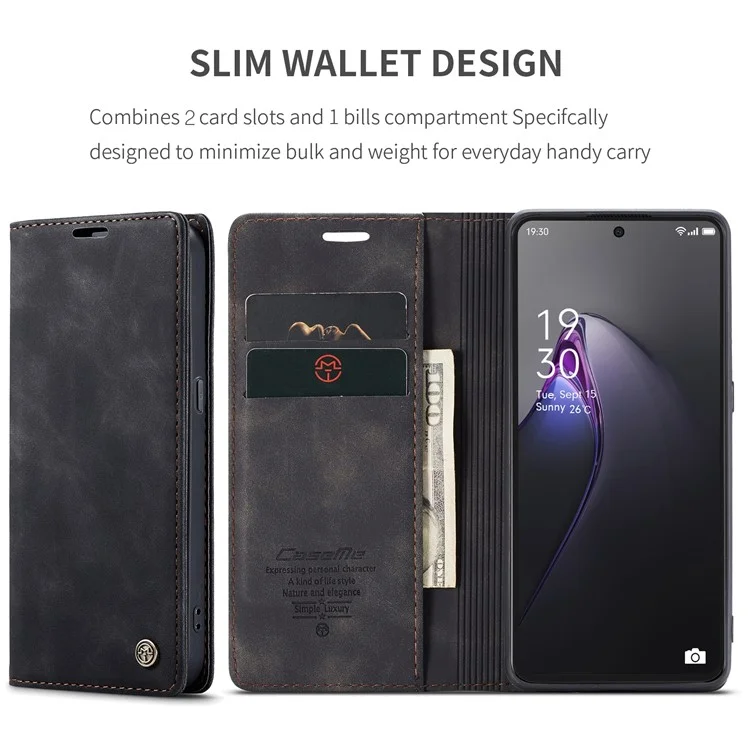 CASEME 013 Series for Oppo Reno8 Pro 5G (Global Version) PU Leather Drop-proof Case Magnetic Auto-absorbed Flip Stand Wallet Case - Black-Cellmalls