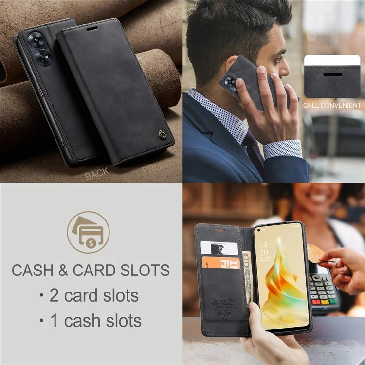 CASEME 013 Series For Oppo Reno8 T 4G Anti-Scratch Phone Cover Wallet PU Leather Coated TPU Shell Stand Flip Case - Black-Cellmalls