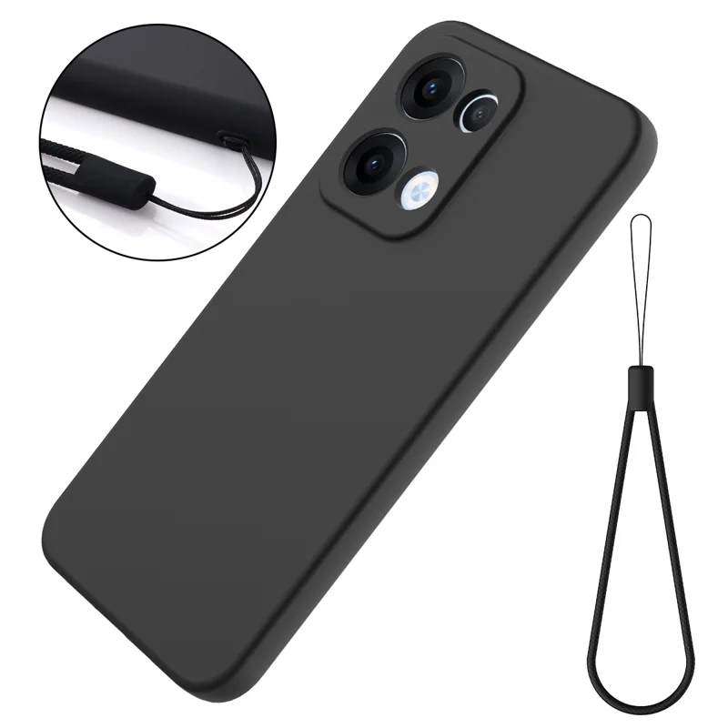 For Oppo Reno13 5G (Global) Liquid Silicone Case Phone Back Cover with Hand Strap - Black-Cellmalls