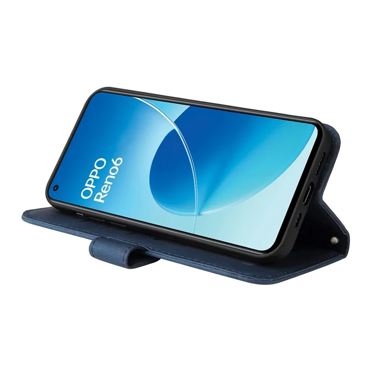 For Oppo Reno6 4G Leather Wallet Cases Skin Touch Phone Cover Stand with Strap - Blue-Cellmalls