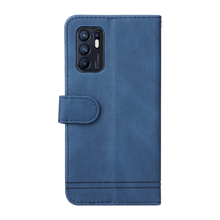 For Oppo Reno6 4G Leather Wallet Cases Skin Touch Phone Cover Stand with Strap - Blue-Cellmalls