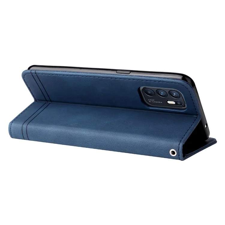 For Oppo Reno6 4G Leather Wallet Cases Skin Touch Phone Cover Stand with Strap - Blue-Cellmalls