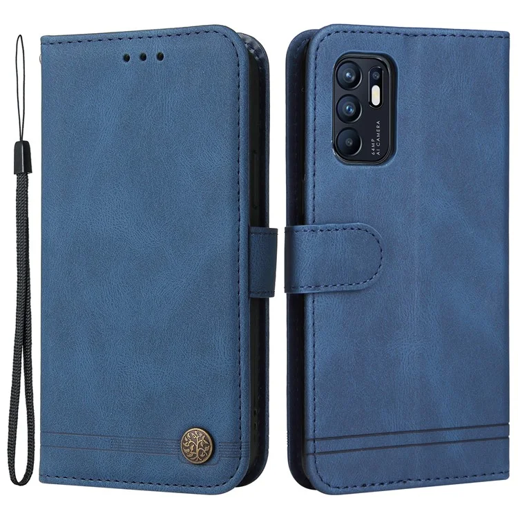 For Oppo Reno6 4G Leather Wallet Cases Skin Touch Phone Cover Stand with Strap - Blue-Cellmalls