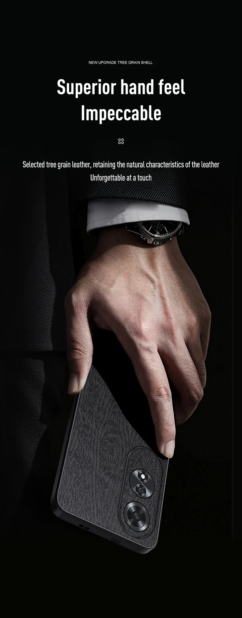 For Oppo A60 4G Phone Case Wood Texture PU Leather Coated PC+TPU Back Cover - Black-Cellmalls