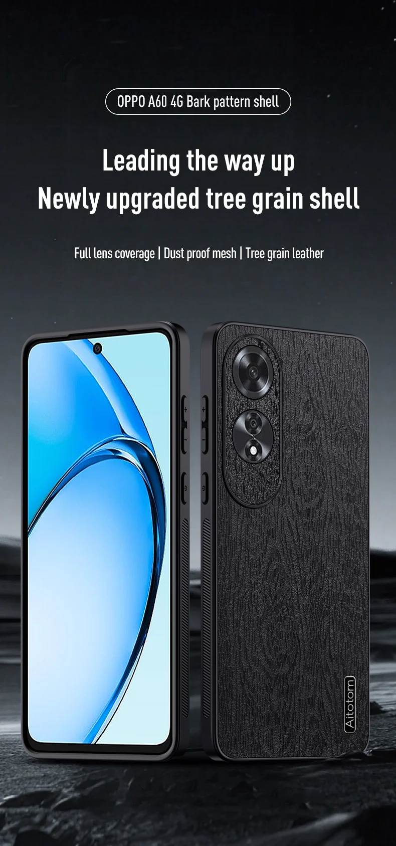 For Oppo A60 4G Phone Case Wood Texture PU Leather Coated PC+TPU Back Cover - Black-Cellmalls