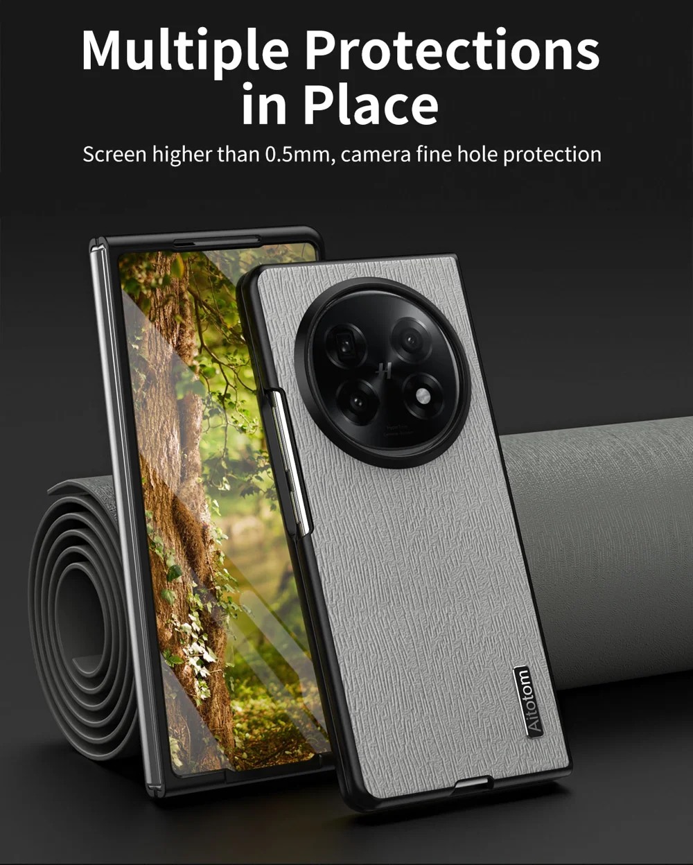 For Oppo Find N5 5G Case Wood Texture PU Leather Coated PC TPU Phone Cover - Black-Cellmalls