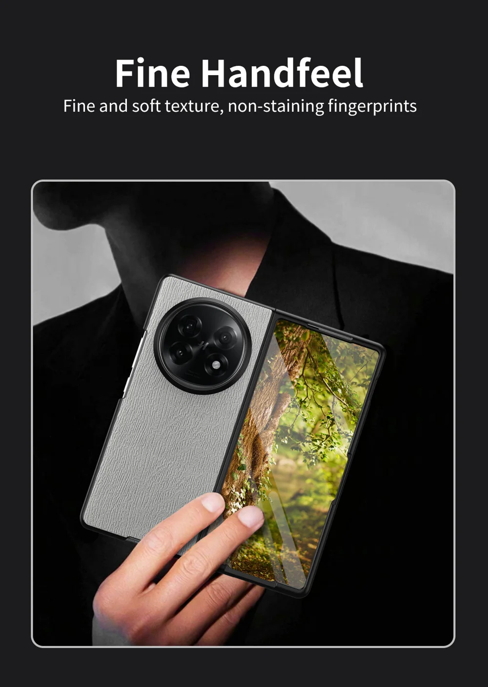 For Oppo Find N5 5G Case Wood Texture PU Leather Coated PC TPU Phone Cover - Black-Cellmalls