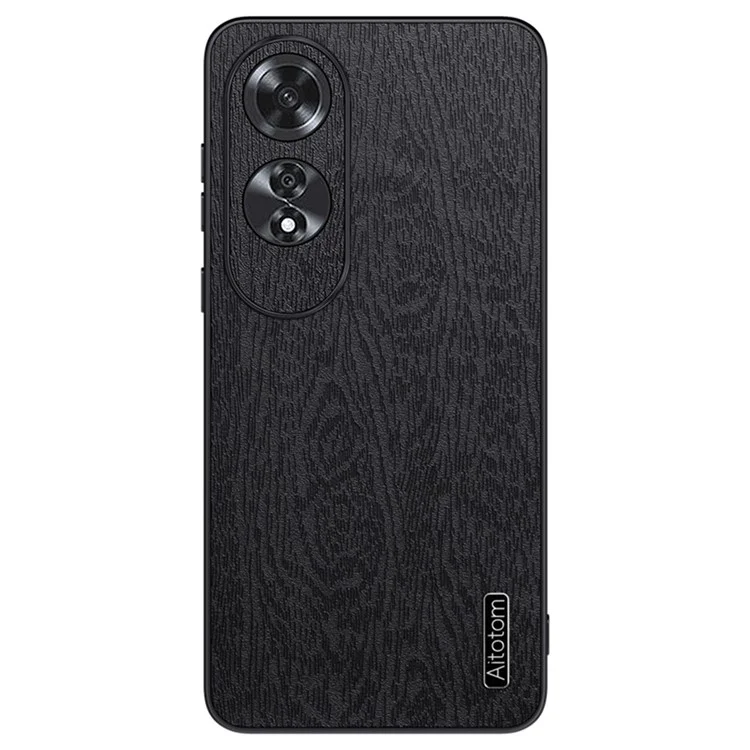 For Oppo A60 4G Phone Case Wood Texture PU Leather Coated PC+TPU Back Cover - Black-Cellmalls