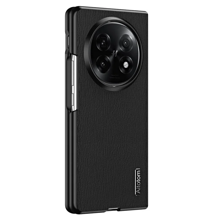 For Oppo Find N5 5G Case Wood Texture PU Leather Coated PC TPU Phone Cover - Black-Cellmalls