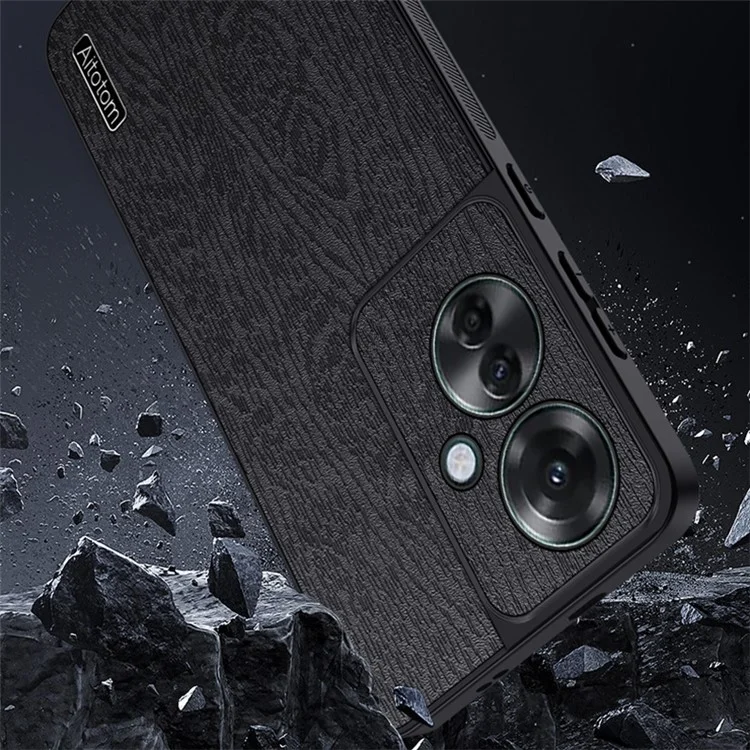 For Oppo Reno11 F 5G Case Wood Texture Leather+PC+TPU Hybrid Slim Phone Cover - Black-Cellmalls