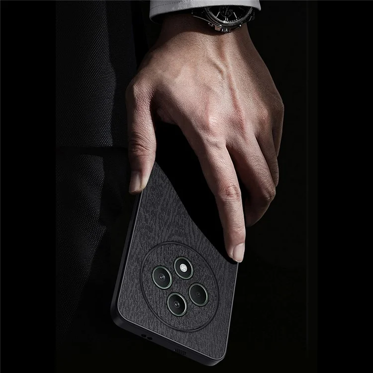 For Oppo Reno12 F 4G Case Wood Texture PU Leather Coated PC+TPU Back Cover - Black-Cellmalls