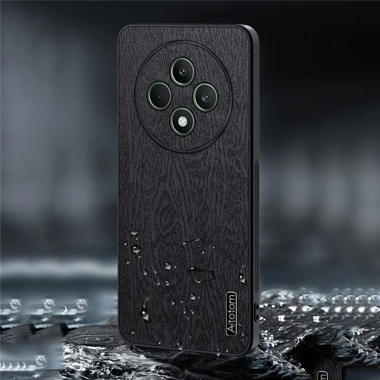 For Oppo Reno12 F 4G Case Wood Texture PU Leather Coated PC+TPU Back Cover - Black-Cellmalls