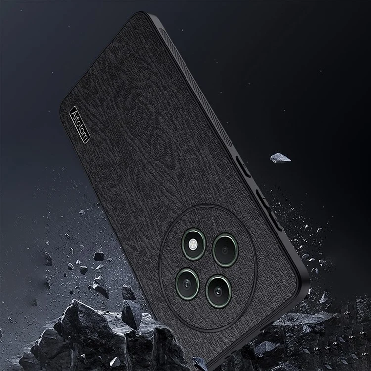 For Oppo Reno12 F 4G Case Wood Texture PU Leather Coated PC+TPU Back Cover - Black-Cellmalls