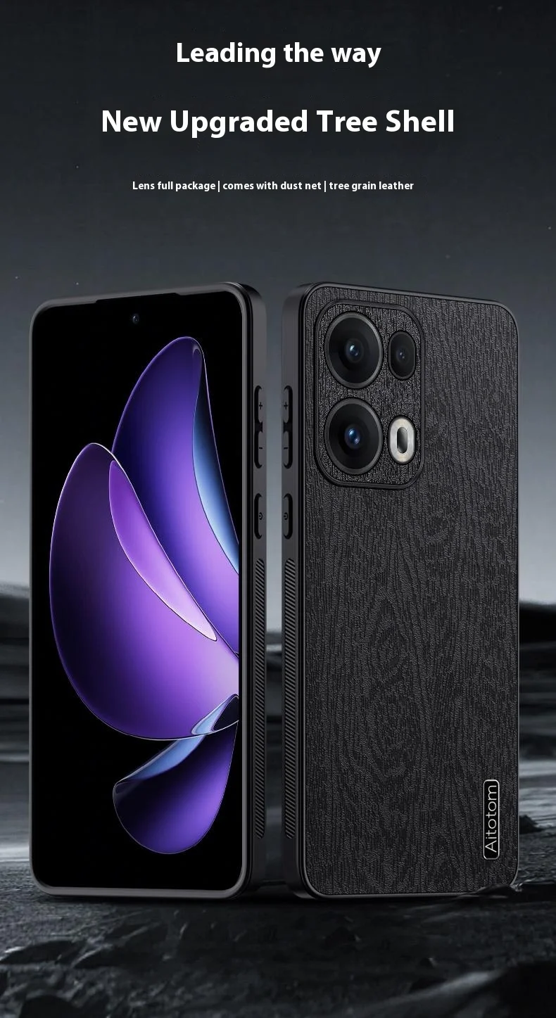 For Oppo Reno13 Pro 5G Case Wood Texture PU Leather Coated PC+TPU Phone Cover - Black-Cellmalls