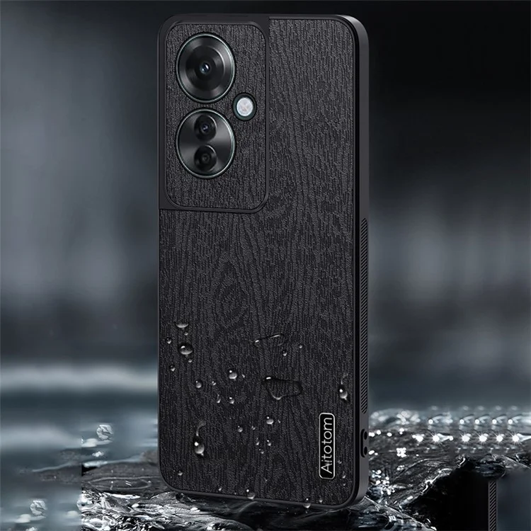 For Oppo Reno11 F 5G Case Wood Texture Leather+PC+TPU Hybrid Slim Phone Cover - Black-Cellmalls