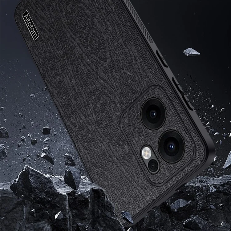 For Oppo Reno13 F 4G Case Wood Texture PU Leather Coated PC TPU Phone Cover - Black-Cellmalls